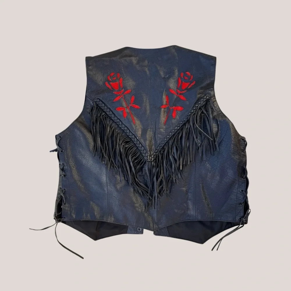 Vintage MOB Genuine Leather Black Red Rose Fringe Vest - Picture 3 of 10